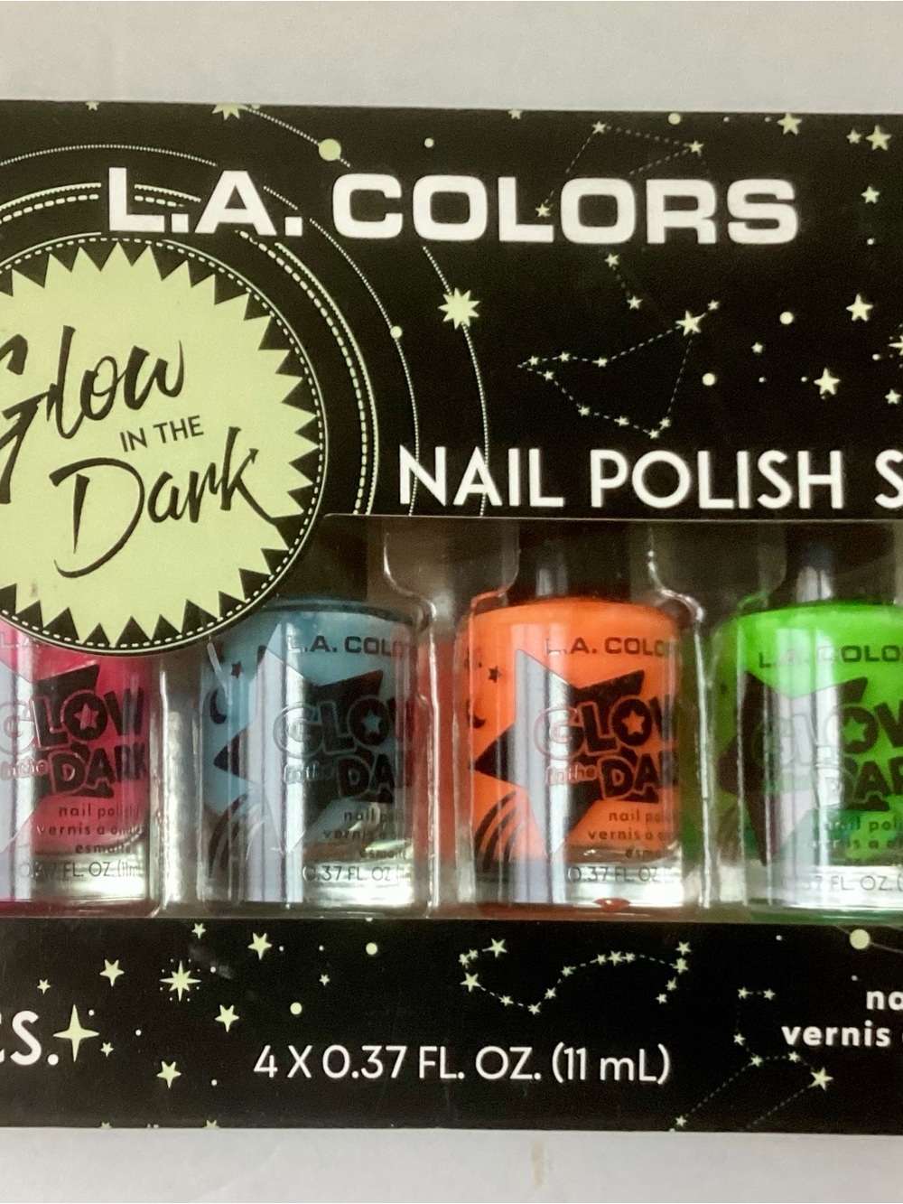 LA COLORS Glow In The Dark Nail Polish Set 4 Pcs Neon Pink Blue Orange Green New